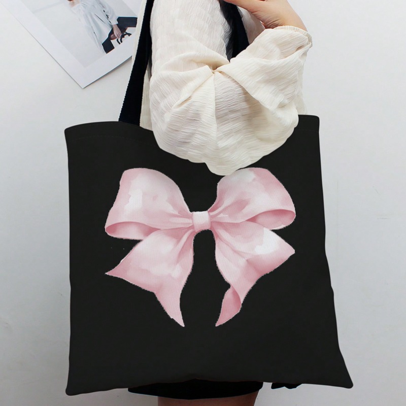Tote Bag Canvas Print - ROMWE กระเป๋าสะพายผ้าแคนวาสลายโบว์น่ารักวาเลนไทน์กระเป๋าถือผ้าแคนวาสสำหรับผู้หญิงนักเรียนทำงานกระเป๋าเดินทางของขวัญ