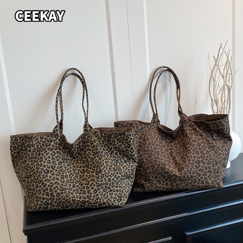 Tote Bag Canvas Print - CEEKAY กระเป๋าโท้ทผู้หญิง กระเป๋าสะพายผ้าแคนวาสพิมพ์ลายเสือดาว ความจุขนาดใหญ่ เปิดด้านบน ลำลอง