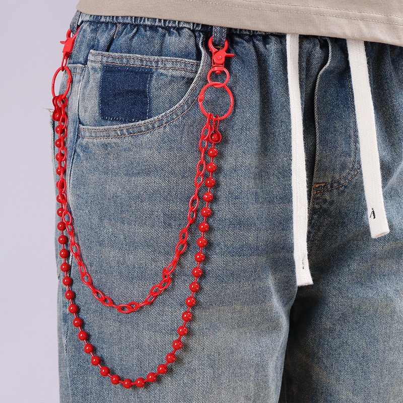 Street Fashion Jewelry - โซ่กางเกงหลายชั้นประดับลูกปัดสีแดงสด สไตล์ฮาราจูกุ พังก์ โซ่คาดเอว ตกแต่งกางเกงยีนส์ฮิปฮอป เครื่องประดับแฟชั่นสตรีทสไตล์อีเกิร์ล