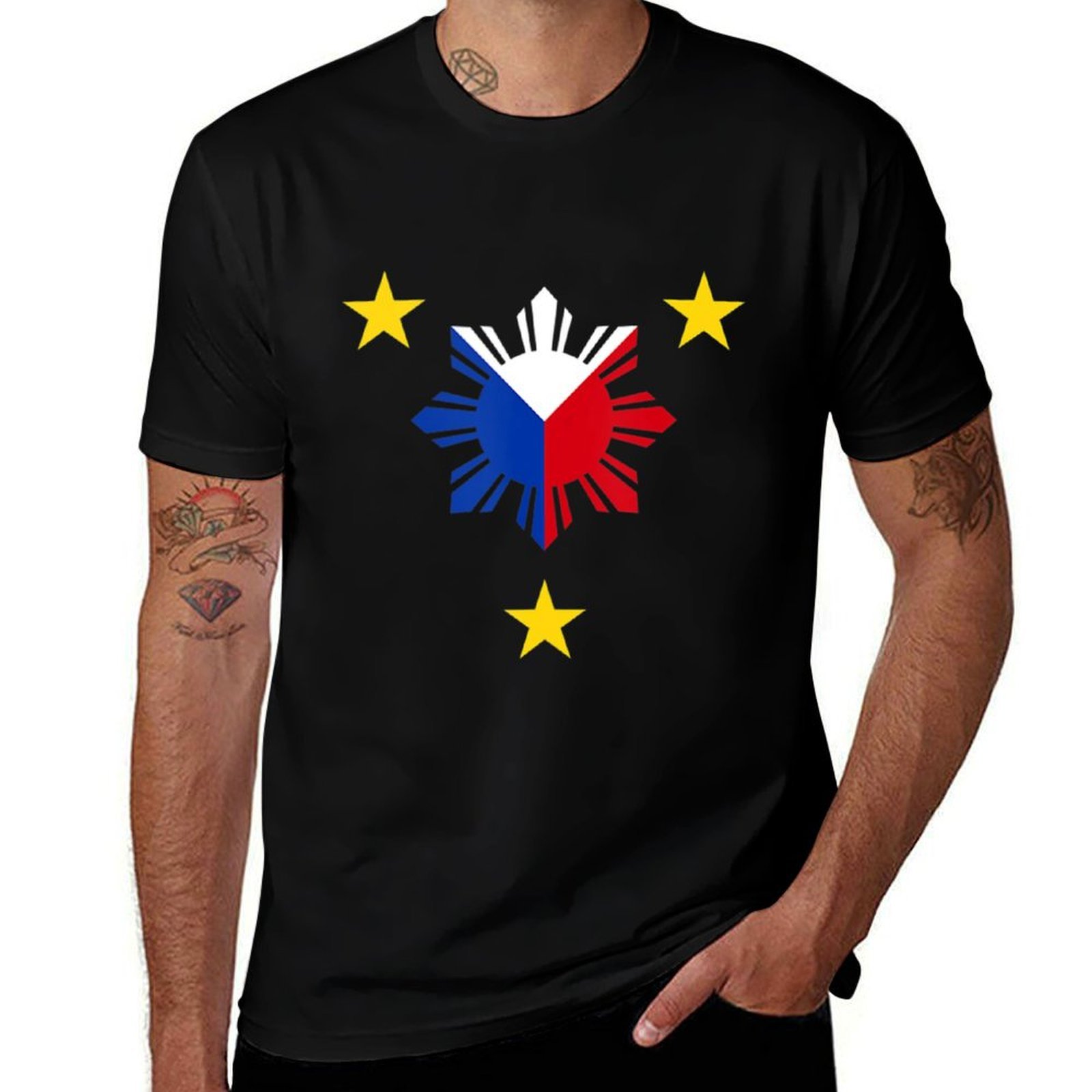 Street Fashion Philippines - ธงชาติฟิลิปปินส์ - เสื้อยืดลายพระอาทิตย์และดาวของฟิลิปปินส์ เสื้อยืดแฟชั่นแนวสตรีทลำลอง
