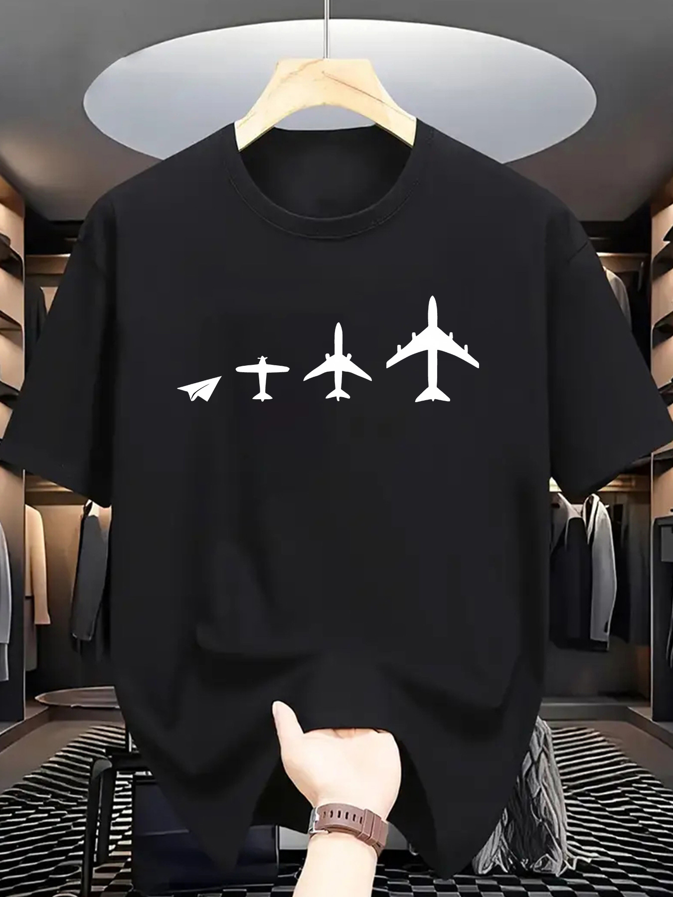 Street Fashion Evolution - เสื้อยืดแขนสั้นพิมพ์ลายเครื่องบินสำหรับผู้ชาย ลายเครื่องบินกระดาษ ซิลลูเอทเครื่องบิน คอกลม ธีมการบิน เสื้อแฟชั่นสตรีทสำหรับผู้ชาย