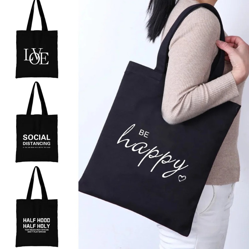 Tote Bag Canvas Print - กระเป๋าถือสะพายไหล่ลายแมวสีส้มการ์ตูนน่ารัก สีดำ ความจุมาก เหมาะสำหรับทำงาน วันหยุด ช้อปปิ้ง