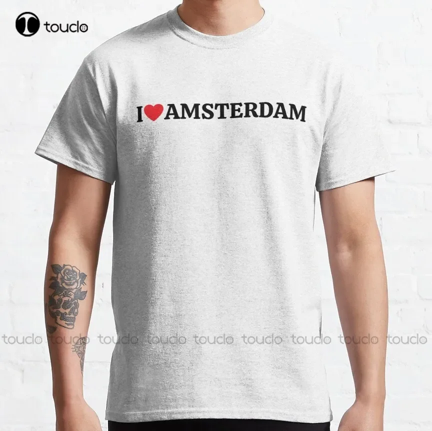 Street Fashion Amsterdam - ฉันรักเสื้อยืดลายเส้นขอบฟ้าของอัมสเตอร์ดัม อาคาร บ้าน ถนน เสื้อยืดคลาสสิกสีน้ำเงินสำหรับผู้ชาย เสื้อยืดแบบกำหนดเองสำหรับผู้ใหญ่