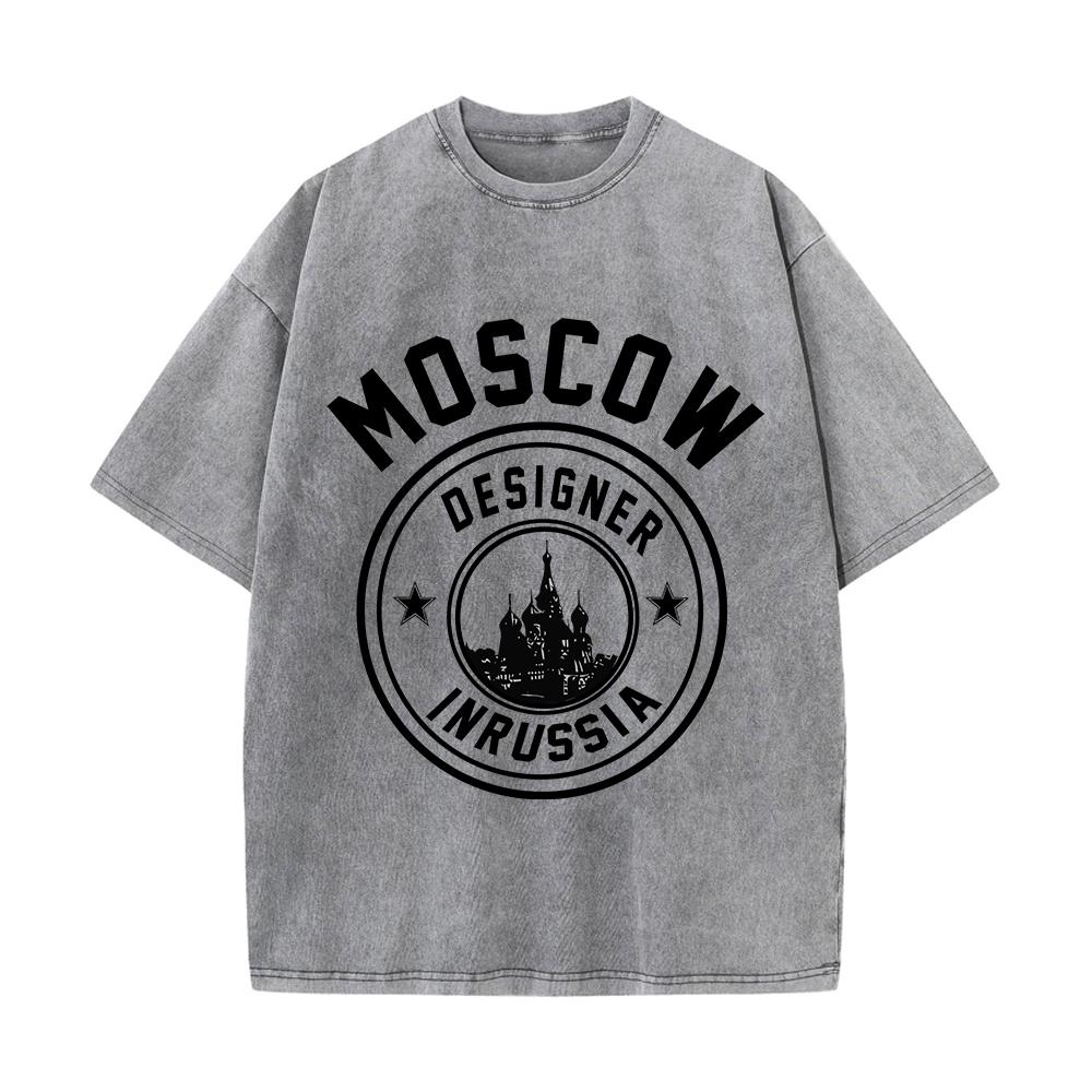 Street Fashion Moscow - เสื้อยืดผู้หญิงผ้าฝ้ายฟอกสีแฟชั่นดีไซน์แบบมอสโกในรัสเซียเสื้อพิมพ์ลายเสื้อทรงหลวมคอกลมเสื้อสตรีท