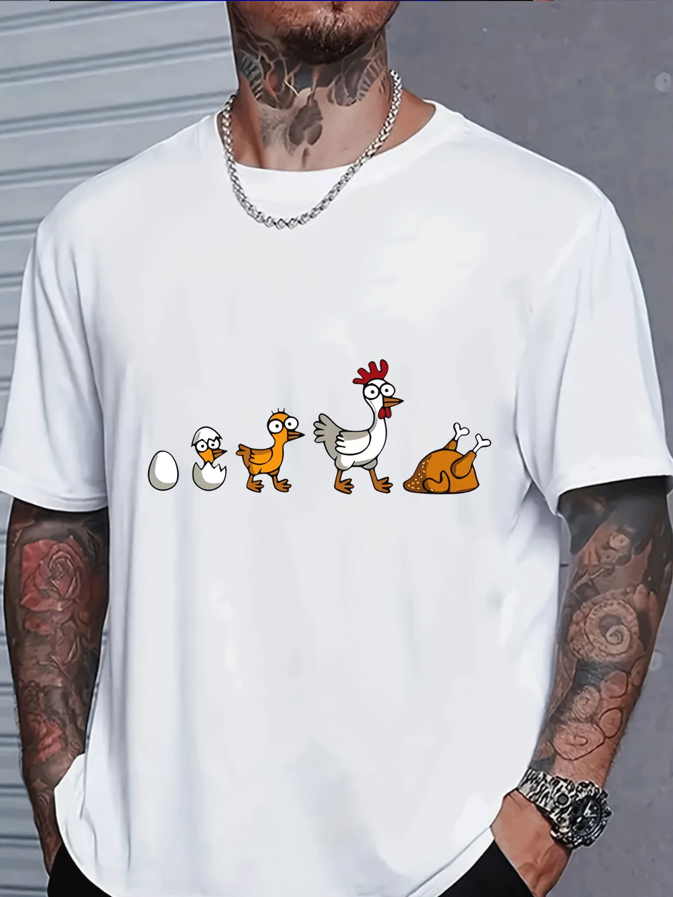 Street Fashion Evolution - เสื้อยืดคอกลมสีขาวสำหรับผู้ชาย ลายการ์ตูนไก่ฟักไข่ รูปแบบหลวมๆ สไตล์ลำลอง ใส่ได้ทุกวัน เหมาะสำหรับฤดูร้อน