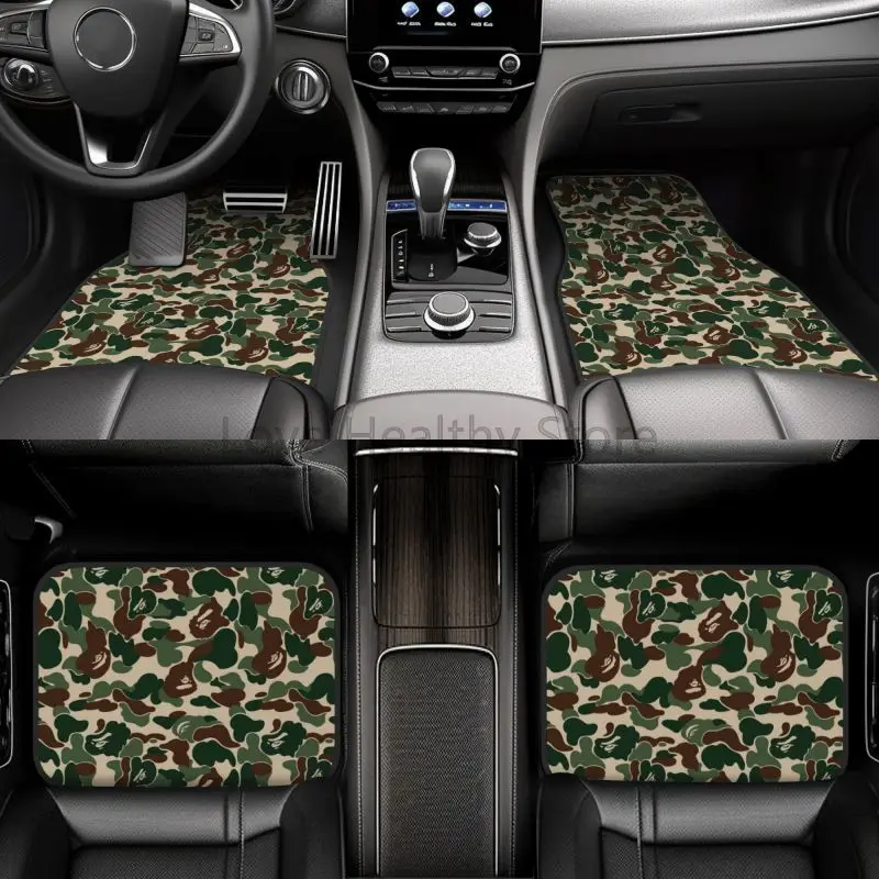 Camo Pattern Set - ชุดพรมปูพื้นรถยนต์ลายพรางสีเขียวแบบกำหนดเอง 4 ชิ้น สำหรับพื้นที่วางเท้าด้านหน้าและด้านหลัง อุปกรณ์ตกแต่งรถยนต์อเนกประสงค์สำหรับรถตู้ รถบรรทุก