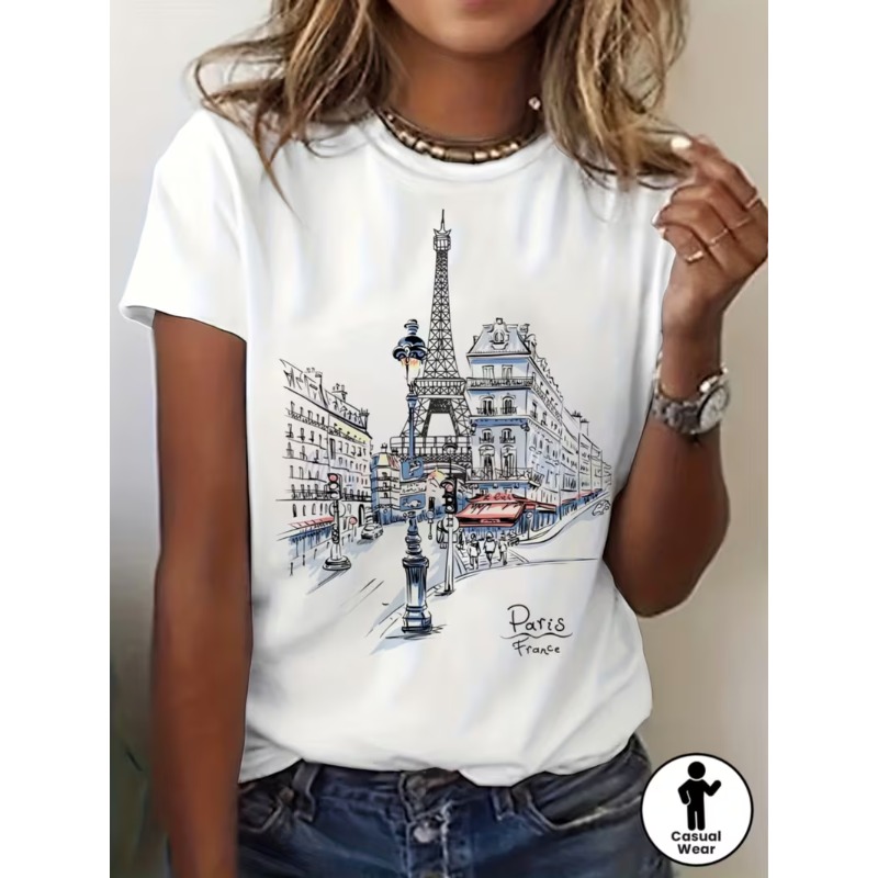 Street Fashion In Paris - เสื้อยืดกราฟิกพิมพ์ลายหอไอเฟล ปารีส ฝรั่งเศส เสื้อยืดแขนสั้นลำลองสำหรับผู้หญิง พิมพ์ลายทิวทัศน์เมืองฝรั่งเศส เสื้อคอกลมเนื้อนุ่ม