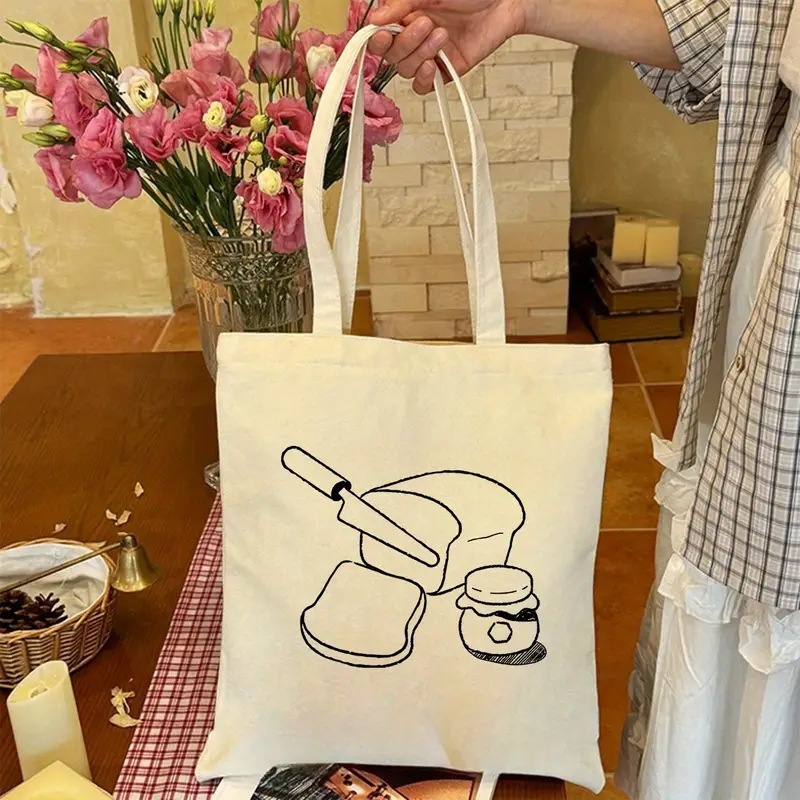 Tote Bag Canvas Print - กระเป๋าผ้าแคนวาสลายเส้นศิลปะขนมปังและแยม กระเป๋าสะพายพิมพ์ลายอาหารสไตล์มินิมอล กระเป๋าหิ้วแบบใช้ซ้ำได้สำหรับใส่ของชำ