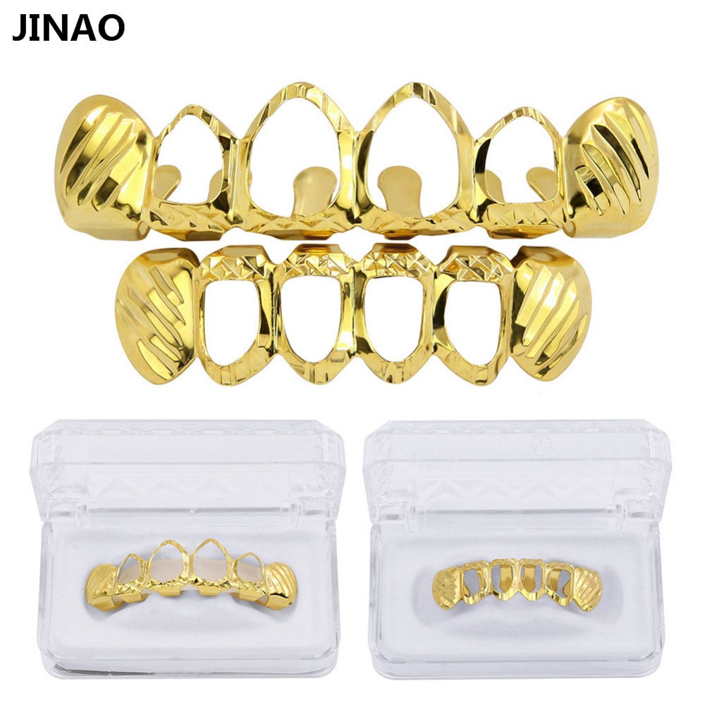 Street Fashion Jewelry - จิงโจ้ใหม่Fit D-ตัดGrillzชุดสีทองชุบด้านบน & ด้านล่างฟัน4เปิดHip Hop grills