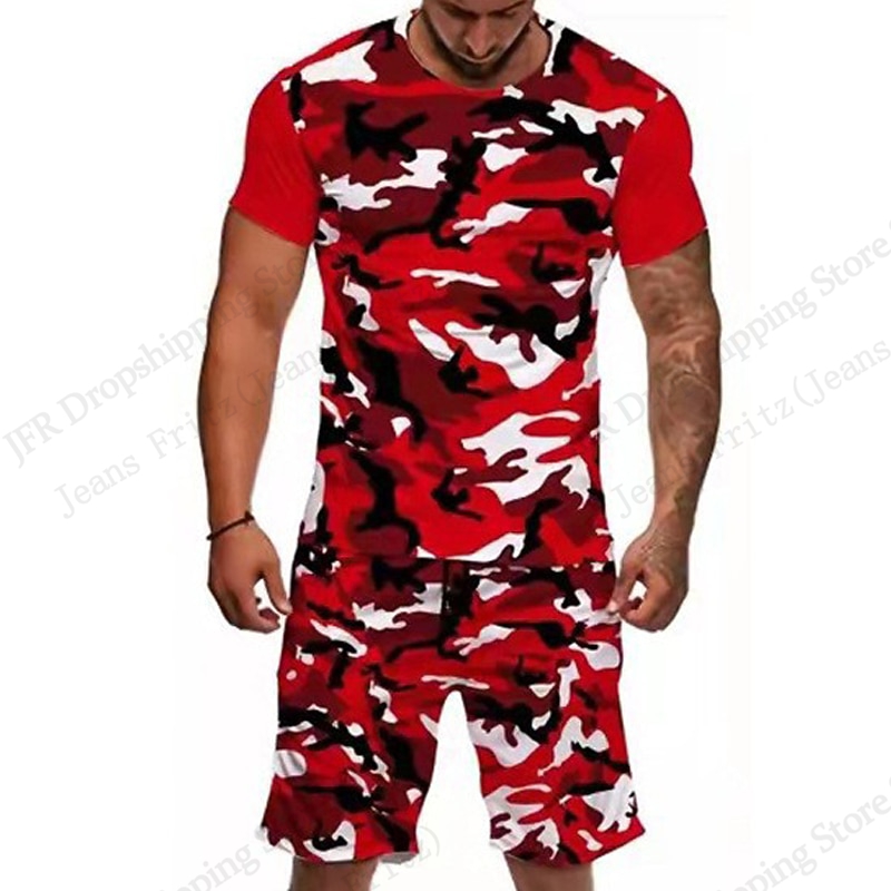 Camo Pattern Set - ชุดเสื้อยืดลายพราง 3 มิติ สำหรับผู้ชาย แฟชั่นเสื้อยืด+กางเกงขาสั้น ชุด