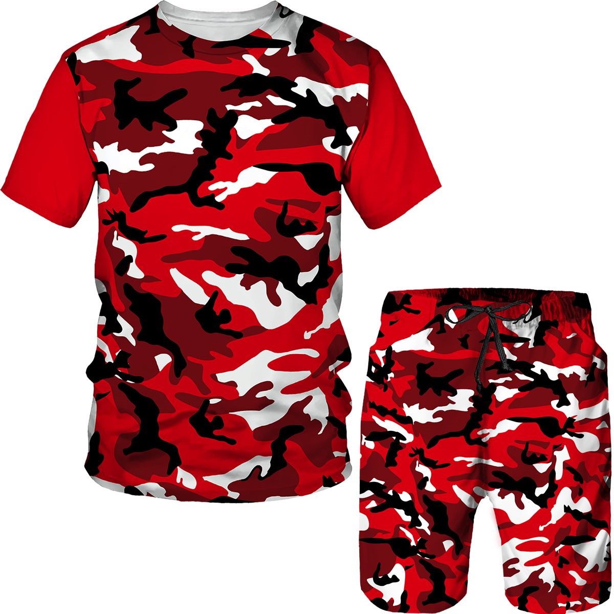 Camo Pattern Set - Men's Camouflage เสื้อยืดกางเกงขาสั้น 2 ชิ้นชุด 3D