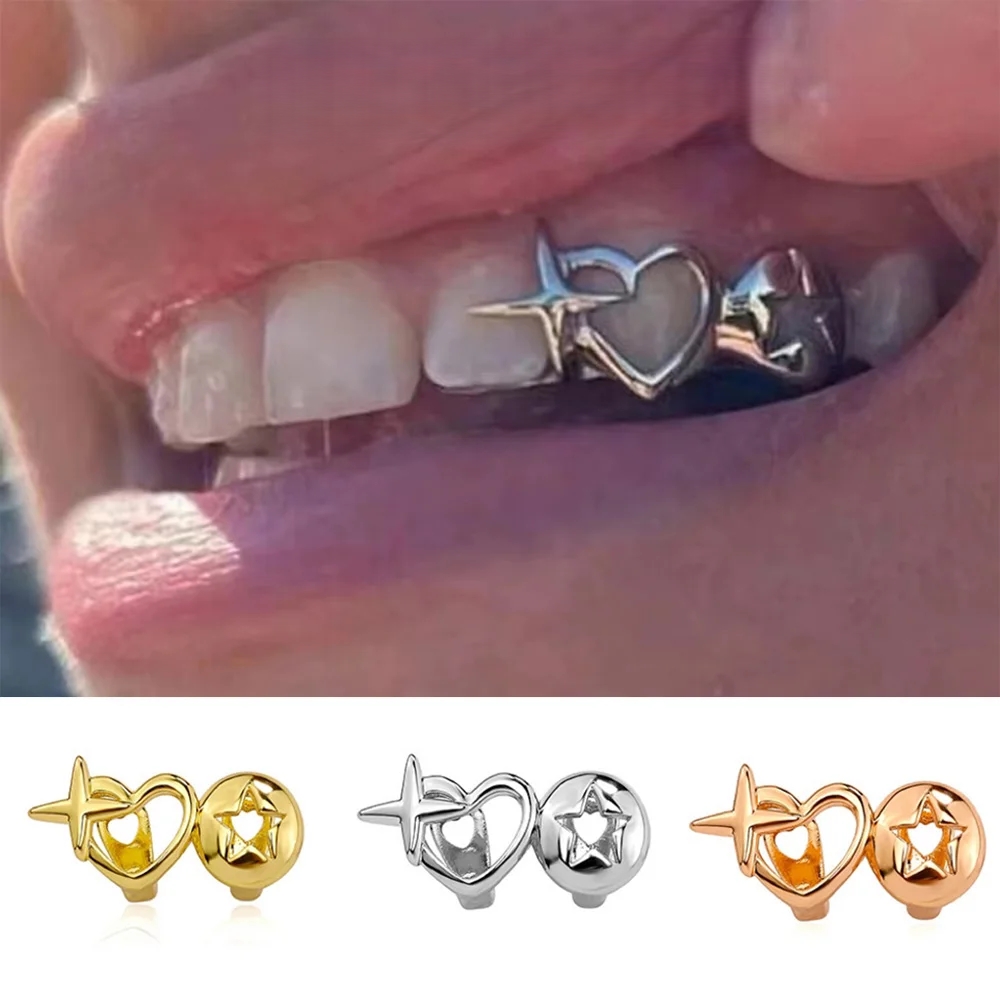 Street Fashion Jewelry - ฝาครอบฟันรูปหัวใจแบบพังก์ฮิปฮอปสำหรับผู้หญิงผู้ชาย สีเงินวินเทจ ลายดาวคู่รัก เครื่องประดับสำหรับคู่รัก